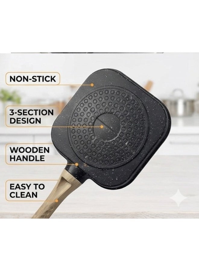 مقلاة بيض مزدوجة غير لاصقة مع مقبض خشبي - صانعة عجة وفطائر بفتحتين للمواقد الغازية والكهربائية - Image 3