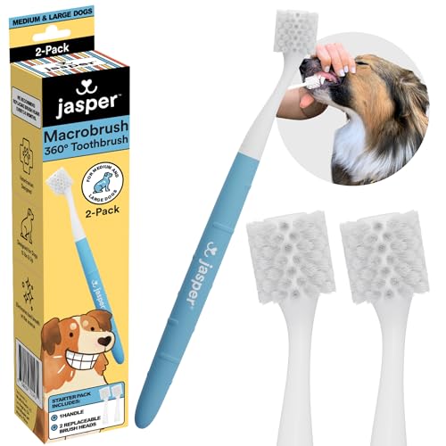 Jasper Macrobrush 360º, Dog Toothbrush for Medium to Large Dogs, Soft-Bristled Dog Tooth Brushing Kit - Premium Non-Slip Handle with 2 Replaceable Tooth Brush Heads, Use with Pet Toothpaste - Image 1