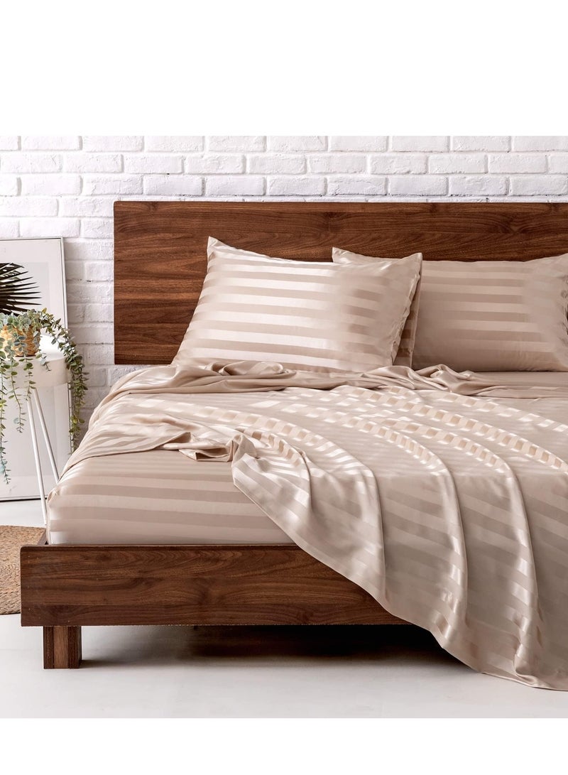 Silky Queen Bedding Set 4-Piece （Champagne Striped）  - Image 1