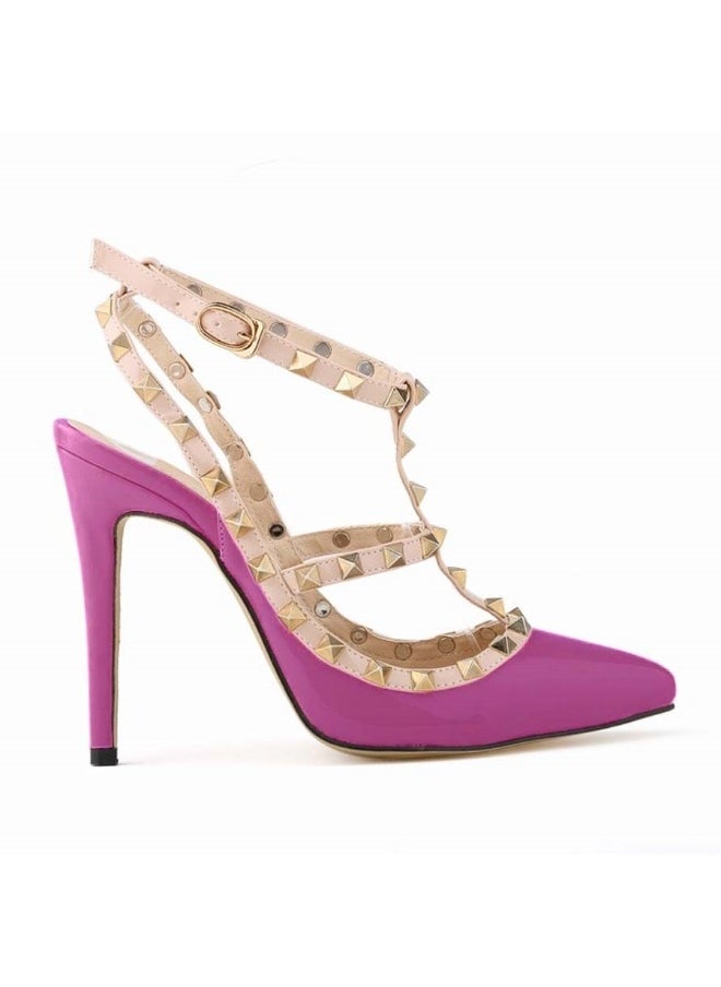 Loquat Pointed Toe Riveted Contrast Cut-Out Stiletto Heels Purple  - Image 1