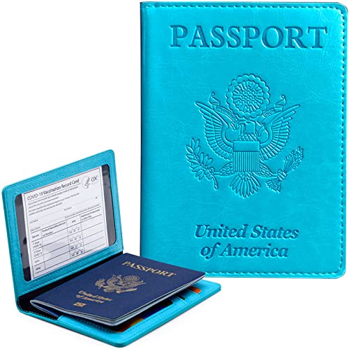 KAOBAN Passport Holder Cover Wallet Case RFID Blocking Leather Card Slot Travel Accessories Documents Organizer Protector for Women Men, Sky Blue - Image 1