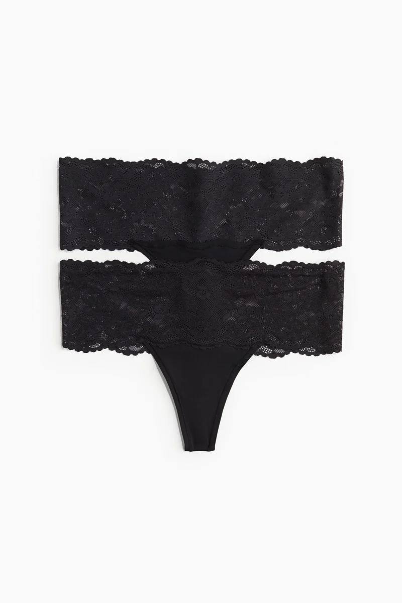 اتش اند ام سروال ثونغ من الدانتيل والألياف الدقيقة - عبوة من قطعتين