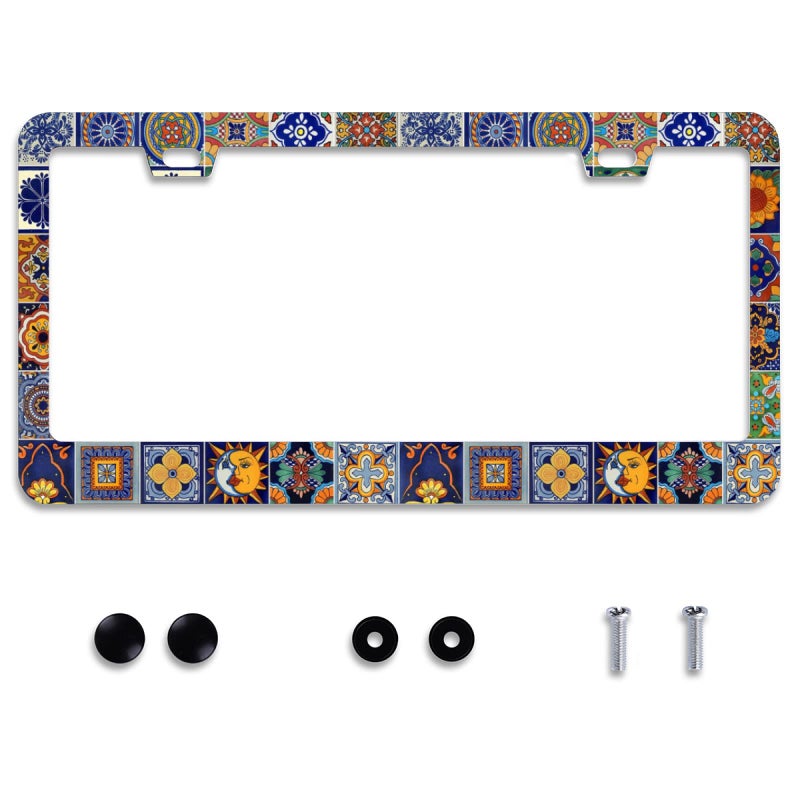 Omw2fyb Personalise Mexican Tiles License Plate Frames Mandala Boho License Plate Frame Car Universal Stainless Steel Accessories Cars Decorative 2 Holes Screws Fits Standard US Vehicles Size 12.2 x 6 Inches - Image 1