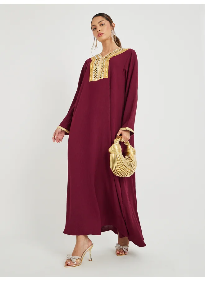 أميرة Amirah Mirror Work Lace Detail V Neck Jalabiya