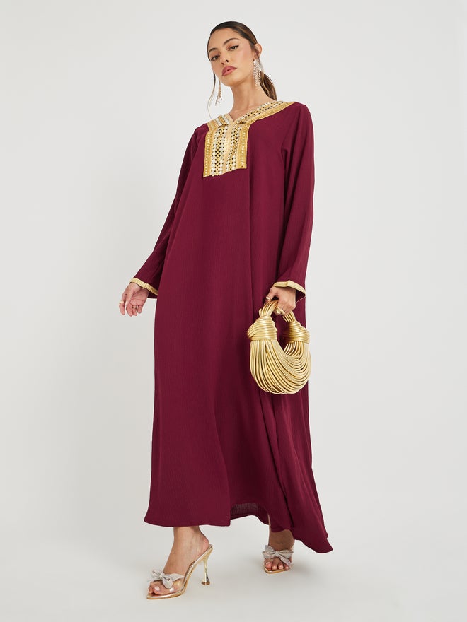 Styli Styli Mirror Work Lace Detail V Neck Jalabiya  - Image 2