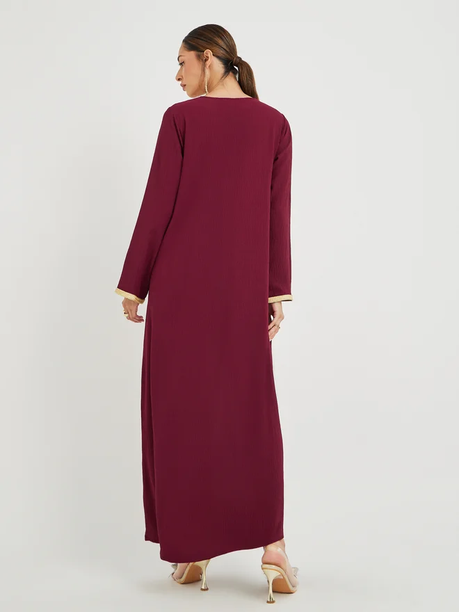 Styli Styli Mirror Work Lace Detail V Neck Jalabiya