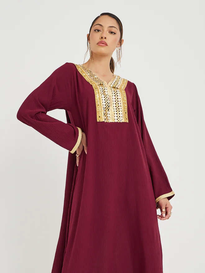Styli Styli Mirror Work Lace Detail V Neck Jalabiya