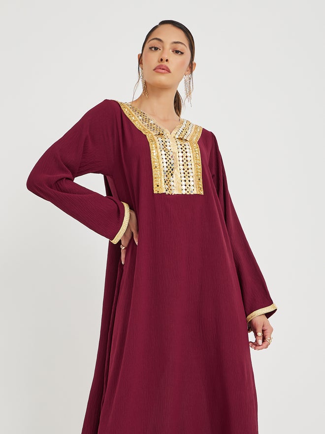 Styli Styli Mirror Work Lace Detail V Neck Jalabiya  - Image 3