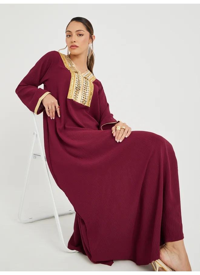 أميرة Amirah Mirror Work Lace Detail V Neck Jalabiya