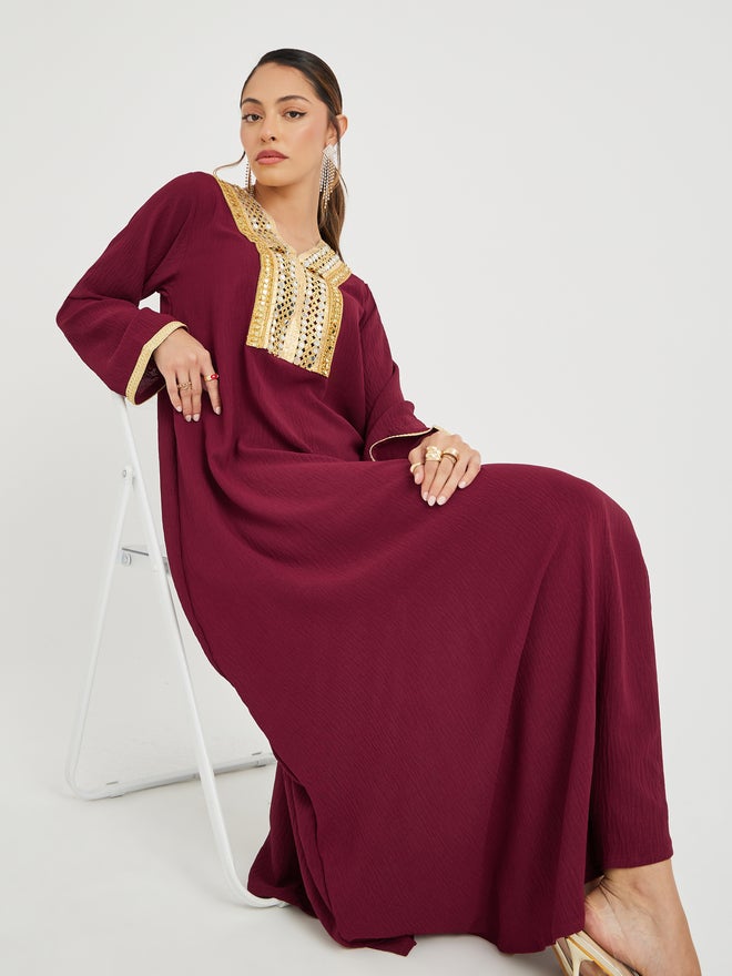 Styli Styli Mirror Work Lace Detail V Neck Jalabiya  - Image 1