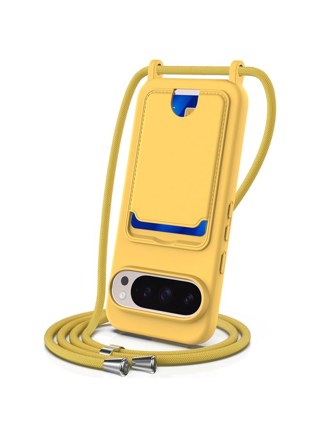 اس-توب جراب لهاتف Google Pixel 9 Pro مزود بحقيبة بطاقات مدمجة مع جراب هاتف من السيليكون السائل بلون سادة مع حبل - Image 1