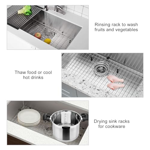 IHOUMEX LKOBG2915SS Kitchen Sink Grate 27.5" x 13.5" x 1.25" Stainless Steel Sink Protector with Supersoft Silicone Feet - Image 5