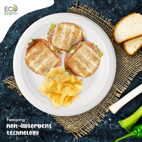 EcoEarth Eco Earth 10in (25cm) 25 Pack Disposable Bagasse Plates - Sugarcane Plate for Snack Biodegradable Disposal Natural & Eco Friendly Non-Absorbent Heavy Duty Strong, Round, White - Image 2