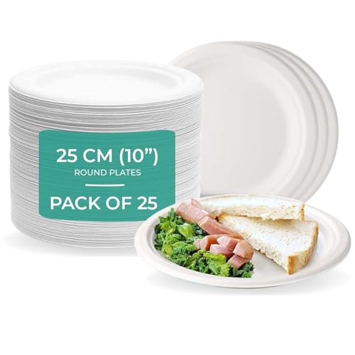 EcoEarth Eco Earth 10in (25cm) 25 Pack Disposable Bagasse Plates - Sugarcane Plate for Snack Biodegradable Disposal Natural & Eco Friendly Non-Absorbent Heavy Duty Strong, Round, White - Image 1