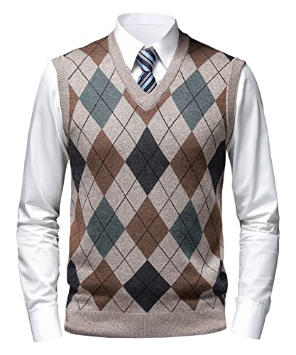 Herothorn Mens Thick Argyle Sweater Vests Classic V-Neck Knitwear Sleeveless Pullover Autumn Winter Warm Tank Tops Camel - Image 2