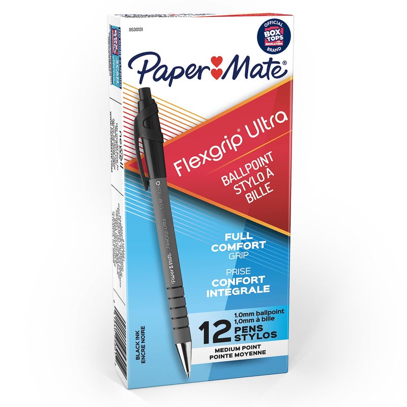 Paper Mate FlexGrip Ultra Retractable Ballpoint Pens, Medium Point, Black, Box of 12 - Image 1
