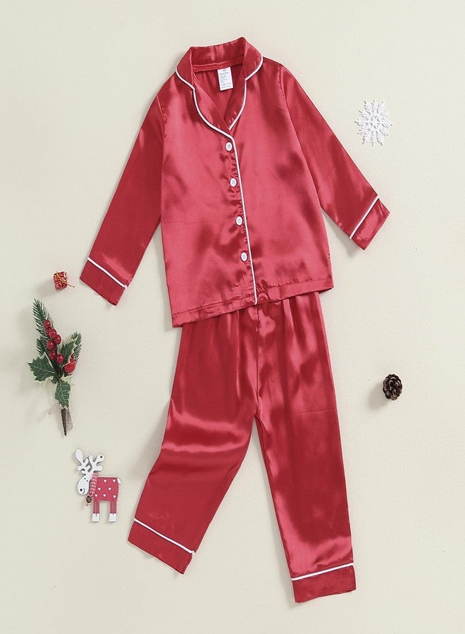 fyclemt Toddler Baby Girl Satin Pajama Set Feather Trim Long Sleeve Button Down Shirt Top Long Pants 2PCS Pjs Sleepwear Lounge Sets (Red Silk Pajamas Solid, 5-6 Years) - Image 3