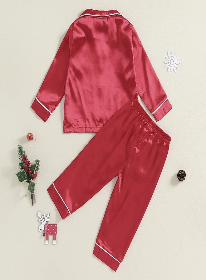 fyclemt Toddler Baby Girl Satin Pajama Set Feather Trim Long Sleeve Button Down Shirt Top Long Pants 2PCS Pjs Sleepwear Lounge Sets (Red Silk Pajamas Solid, 5-6 Years) - Image 5