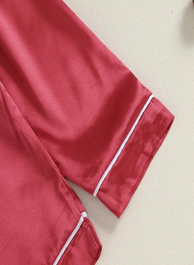 fyclemt Toddler Baby Girl Satin Pajama Set Feather Trim Long Sleeve Button Down Shirt Top Long Pants 2PCS Pjs Sleepwear Lounge Sets (Red Silk Pajamas Solid, 5-6 Years) - Image 2