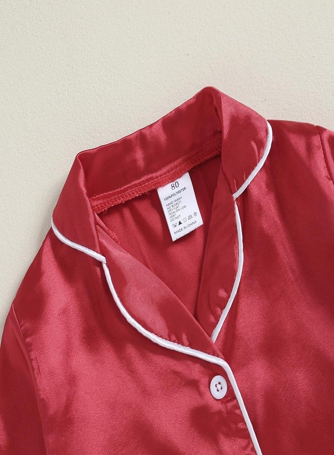 fyclemt Toddler Baby Girl Satin Pajama Set Feather Trim Long Sleeve Button Down Shirt Top Long Pants 2PCS Pjs Sleepwear Lounge Sets (Red Silk Pajamas Solid, 5-6 Years) - Image 4