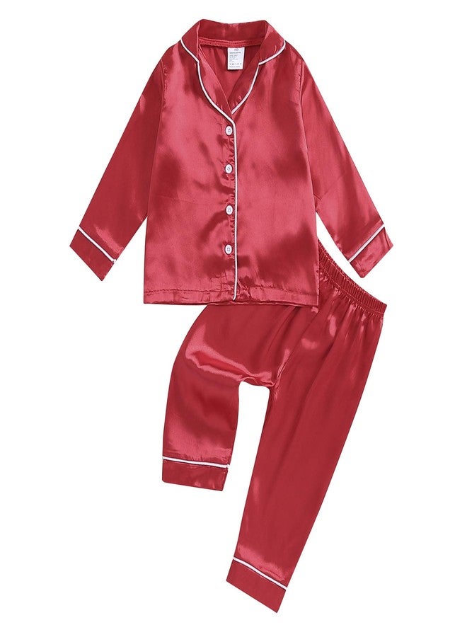 fyclemt Toddler Baby Girl Satin Pajama Set Feather Trim Long Sleeve Button Down Shirt Top Long Pants 2PCS Pjs Sleepwear Lounge Sets (Red Silk Pajamas Solid, 5-6 Years) - Image 1
