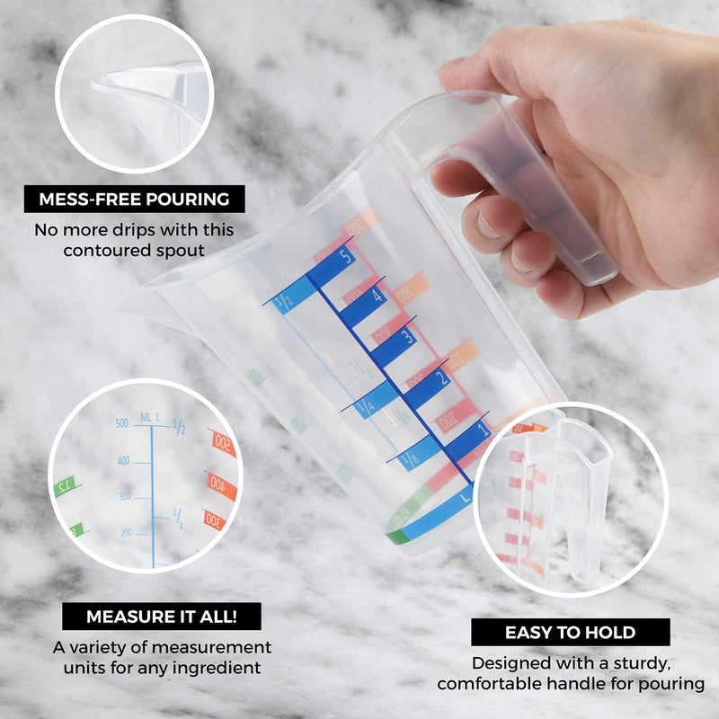 Tribello Measuring Cup Set 1 Cup and 1 Quart Plastic, With Easy To Read Measurements - BPA Free - 16oz & 32oz Liquid Measuring Cup - Spout Top for Pouring - Image 3