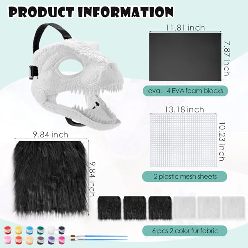 Seenelling 13 Pcs DIY Dino Mask Kit Hard Plastic Dinosaur Mask Furry Therian Dino Costume Kit Animal Dinosaur Party Costume(Black, White) - Image 2