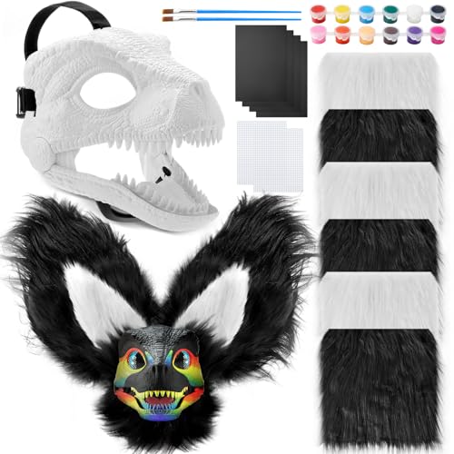 Seenelling 13 Pcs DIY Dino Mask Kit Hard Plastic Dinosaur Mask Furry Therian Dino Costume Kit Animal Dinosaur Party Costume(Black, White) - Image 1
