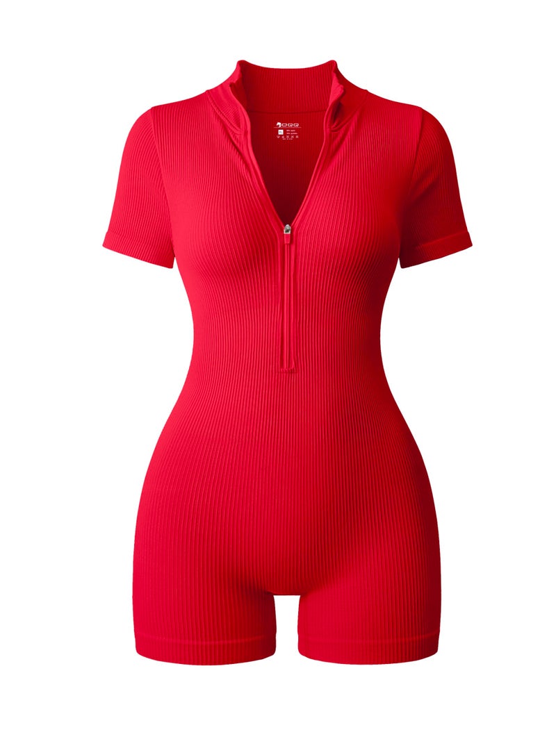 OQQ Women Rompers Ribbed Short Sleeve Zip Front Stretch Tummy Control Yoga Workout Rompers Red - Image 1