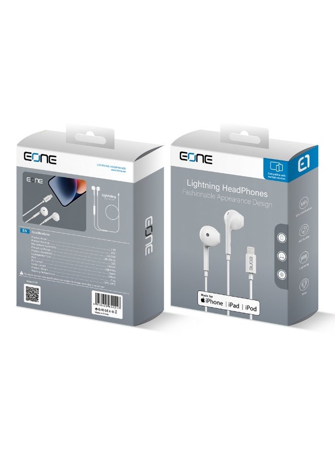 إيون سماعات أذن EONE Lightning معتمدة من MFi لأجهزة iPhone، سماعات أذن سلكية داخلية مع ميكروفون مدمج، وحدة تحكم مدمجة، صوت ستيريو، كابل بطول 1.2 متر، متوافقة مع iPhone وiPad وiPod - أبيض - Image 3