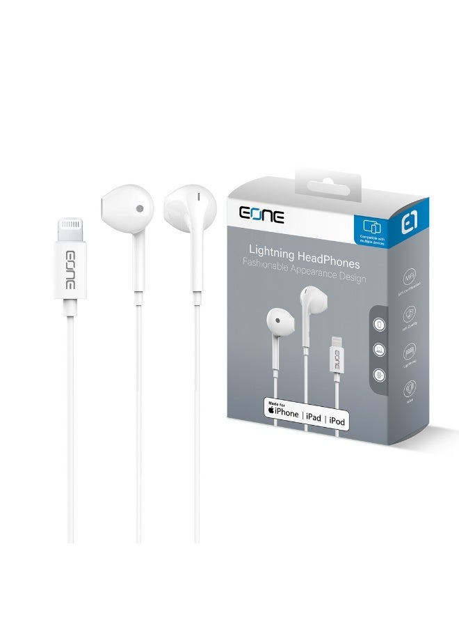 إيون سماعات أذن EONE Lightning معتمدة من MFi لأجهزة iPhone، سماعات أذن سلكية داخلية مع ميكروفون مدمج، وحدة تحكم مدمجة، صوت ستيريو، كابل بطول 1.2 متر، متوافقة مع iPhone وiPad وiPod - أبيض - Image 1