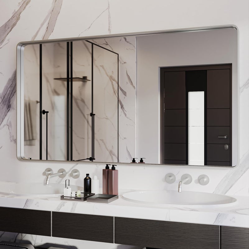 ISKM Brushed Silver Bathroom Mirror 55 x 30 Inch Rounded Rectangle Silver Metal Frame Mirror for Wall Modern Vanity Mirror HorizontalVertical