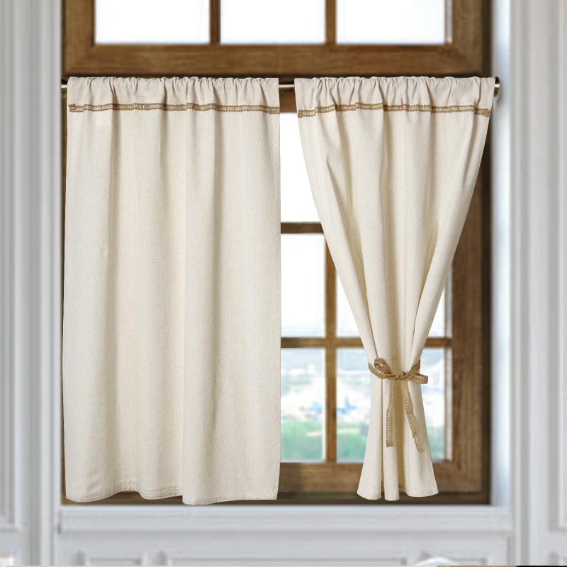 Oindec Cotton Linen Kitchen Curtains for Windows with Burlap Lace Trim Rustic Farmhouse 36 inch Rod Pocket Neutral Short Curtain Window Treatment Tiers,Set of 2 - Image 2