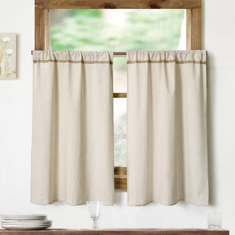 Oindec Cotton Linen Kitchen Curtains for Windows with Burlap Lace Trim Rustic Farmhouse 36 inch Rod Pocket Neutral Short Curtain Window Treatment Tiers,Set of 2 - Image 1