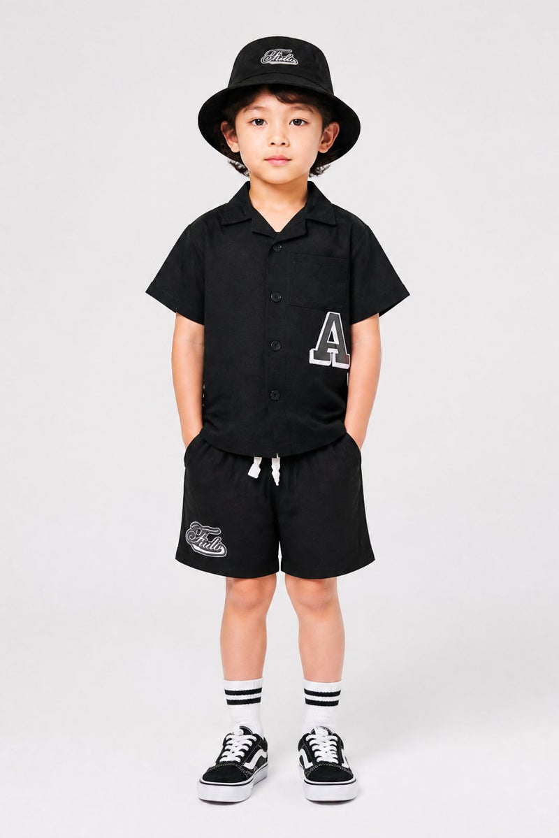 Fudo Kids Boy 3 Pieces Graphic Print Shirt And Shorts With Hat Set, Black - Image 1