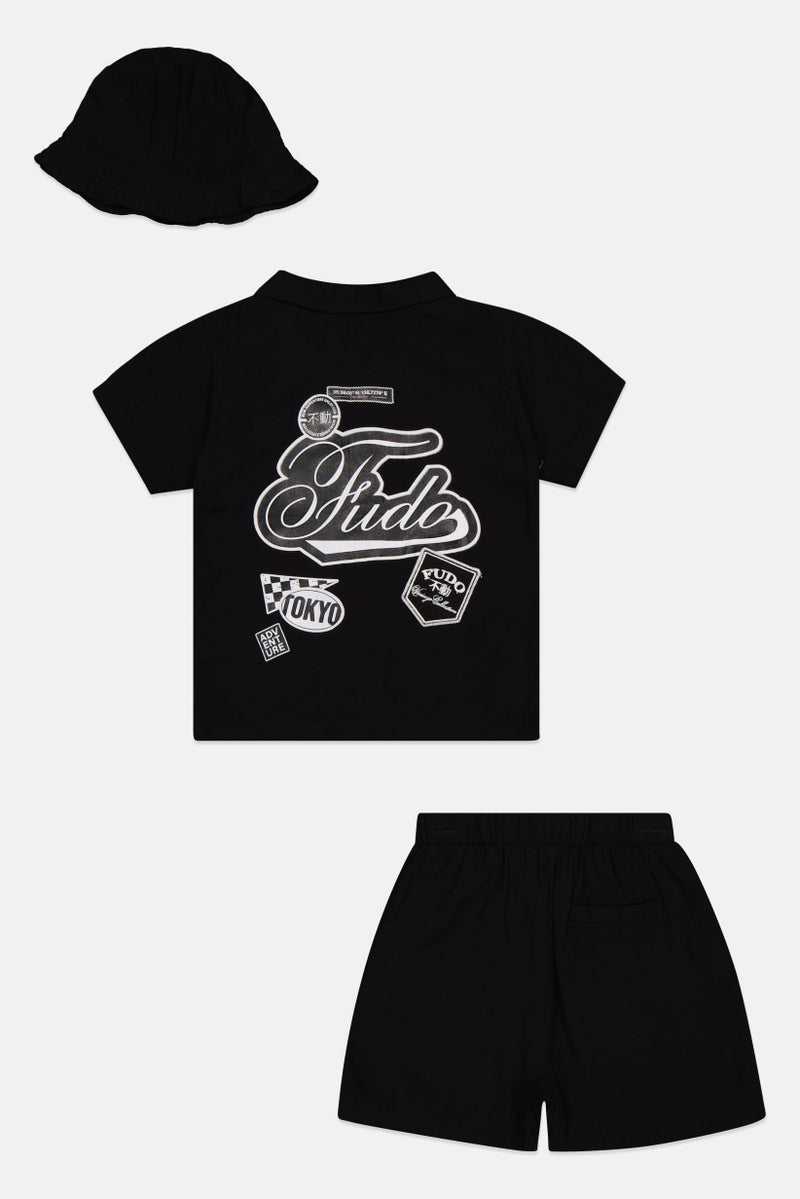 Fudo Kids Boy 3 Pieces Graphic Print Shirt And Shorts With Hat Set, Black - Image 3