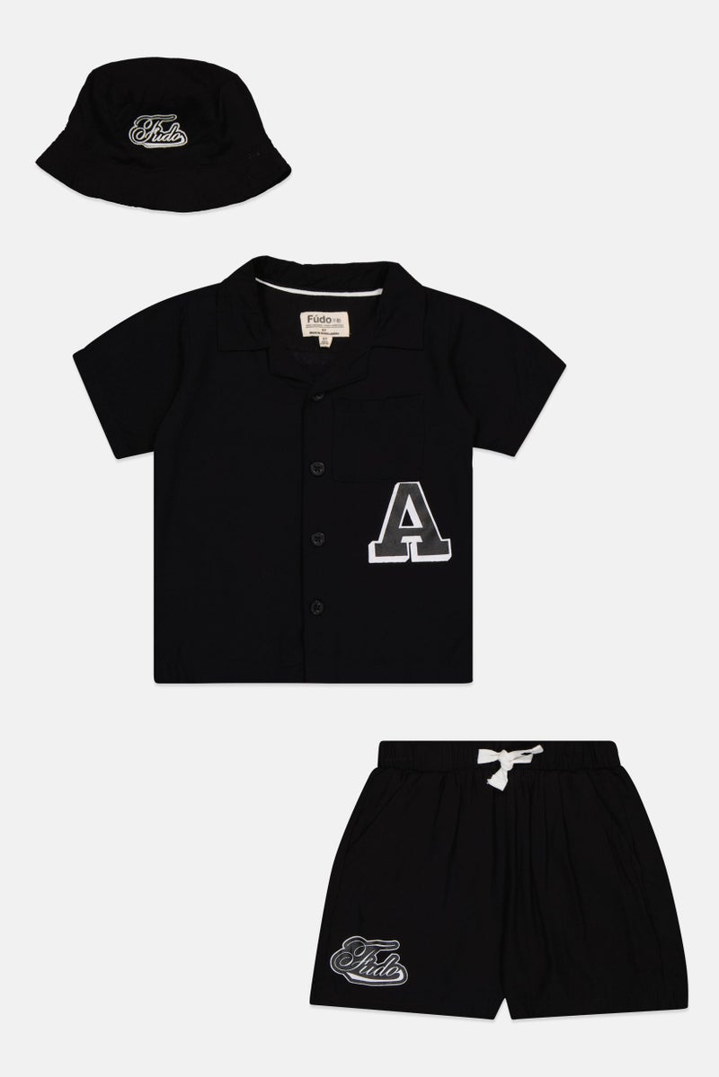 Fudo Kids Boy 3 Pieces Graphic Print Shirt And Shorts With Hat Set, Black - Image 2