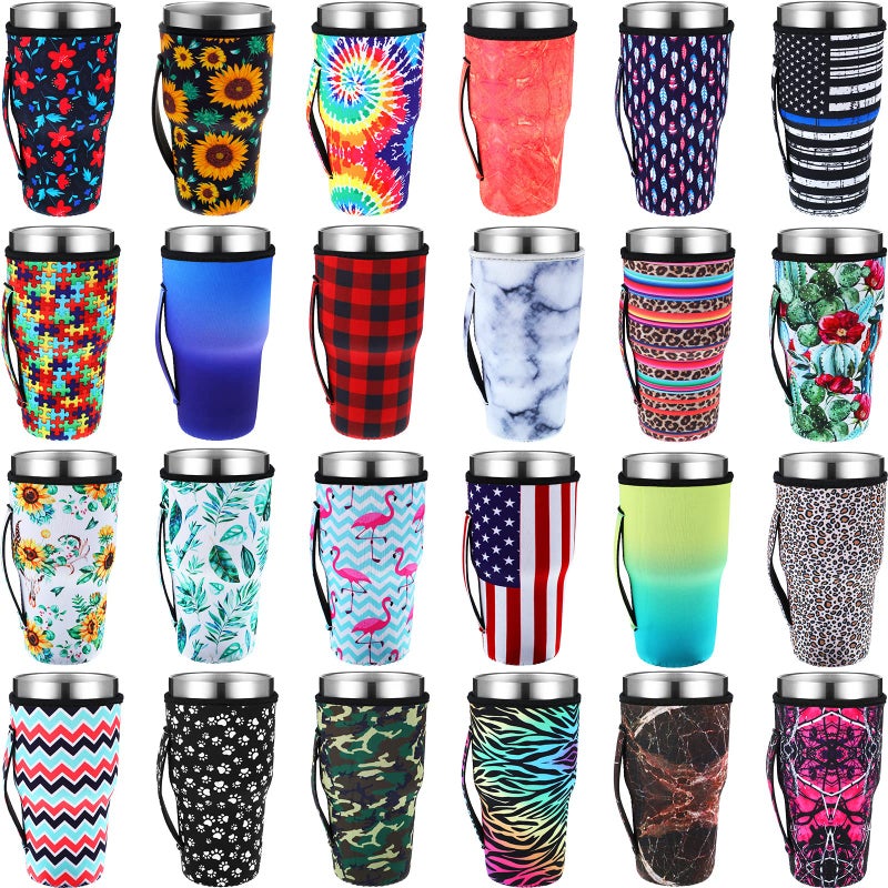 Chengu 24 Pieces Reusable Iced Coffee Sleeves Cold Drinks Reusable Sleeves Neoprene Cup Insulator Sleeves Drinks Tumbler Sleeve Holder with Handle for 3032 oz Cold Hot Tumbler Cup Beverage 