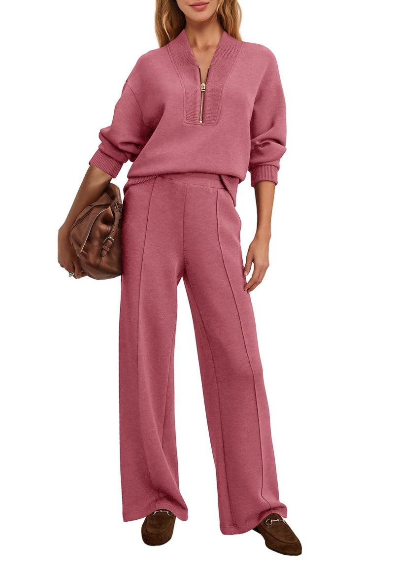 Yanekop Womens Sweatsuits 2 Piece Outfit Two Piece Lounge Set Matching Sweat Sets Half Zip Pullover and Wide Leg Pants(Coral Pink,L) - Image 2