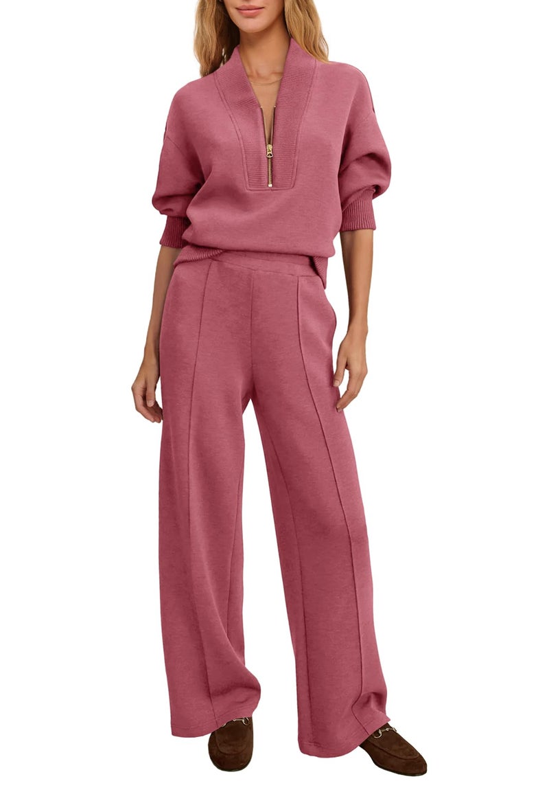 Yanekop Womens Sweatsuits 2 Piece Outfit Two Piece Lounge Set Matching Sweat Sets Half Zip Pullover and Wide Leg Pants(Coral Pink,L) - Image 1