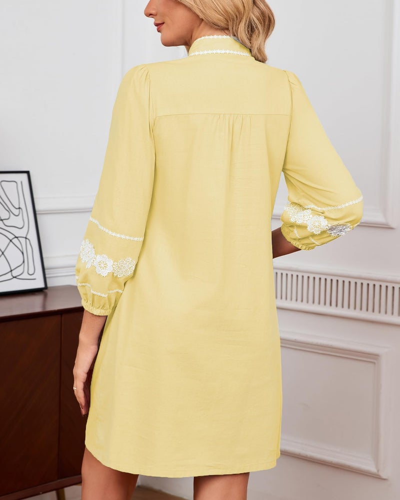 YEXPINE Women's Embroidered Lace Floral Tunic Dress 3/4 Puff Sleeve V Neck Mini Dress with Pockets Yellow - Image 5