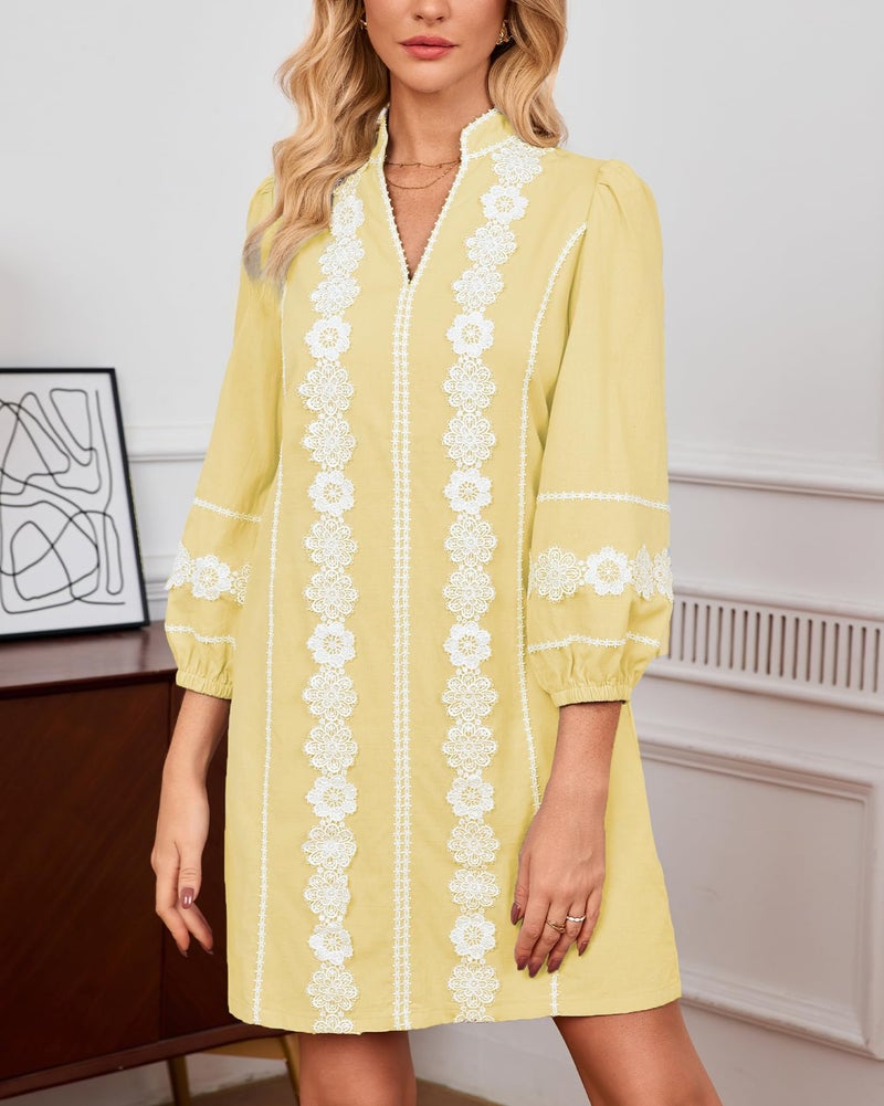 YEXPINE Women's Embroidered Lace Floral Tunic Dress 3/4 Puff Sleeve V Neck Mini Dress with Pockets Yellow - Image 4