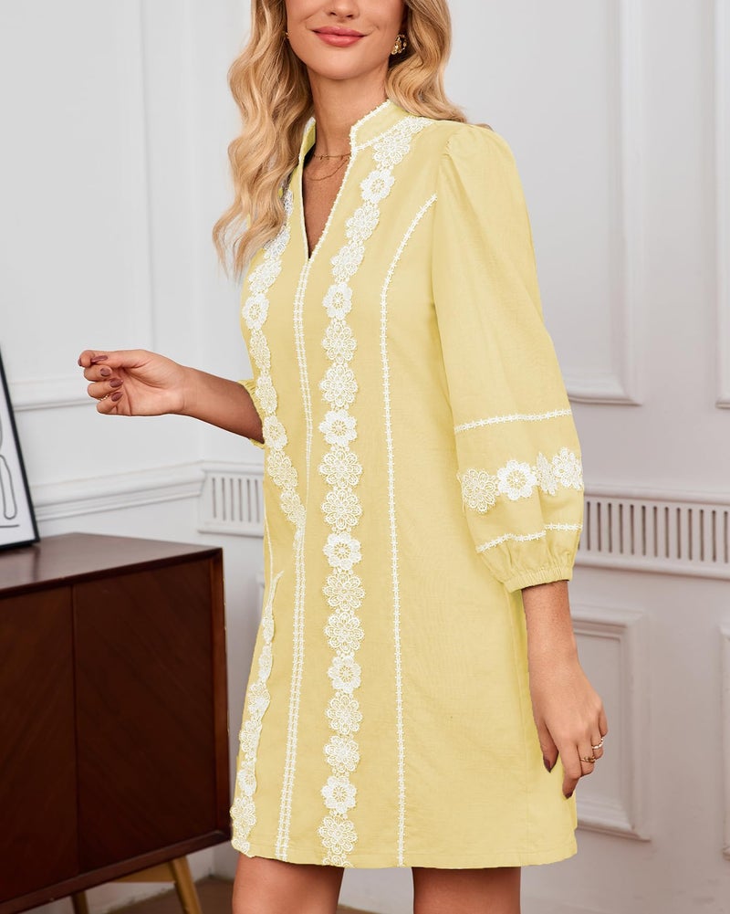 YEXPINE Women's Embroidered Lace Floral Tunic Dress 3/4 Puff Sleeve V Neck Mini Dress with Pockets Yellow - Image 2