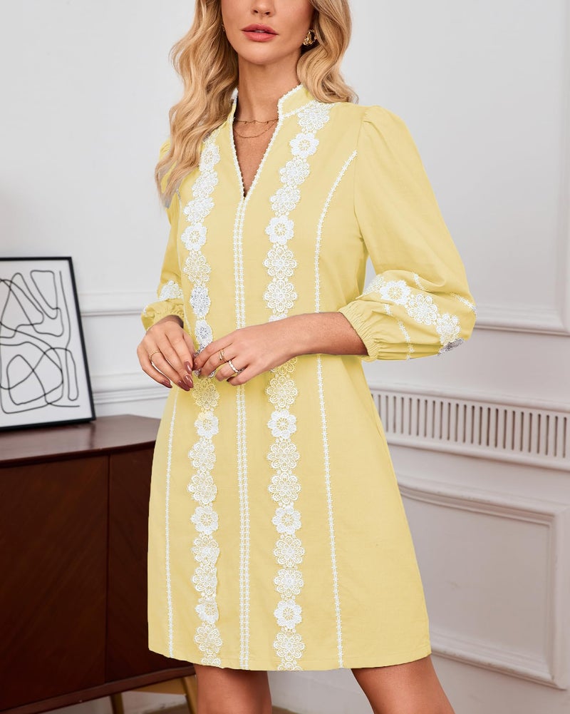 YEXPINE Women's Embroidered Lace Floral Tunic Dress 3/4 Puff Sleeve V Neck Mini Dress with Pockets Yellow - Image 3