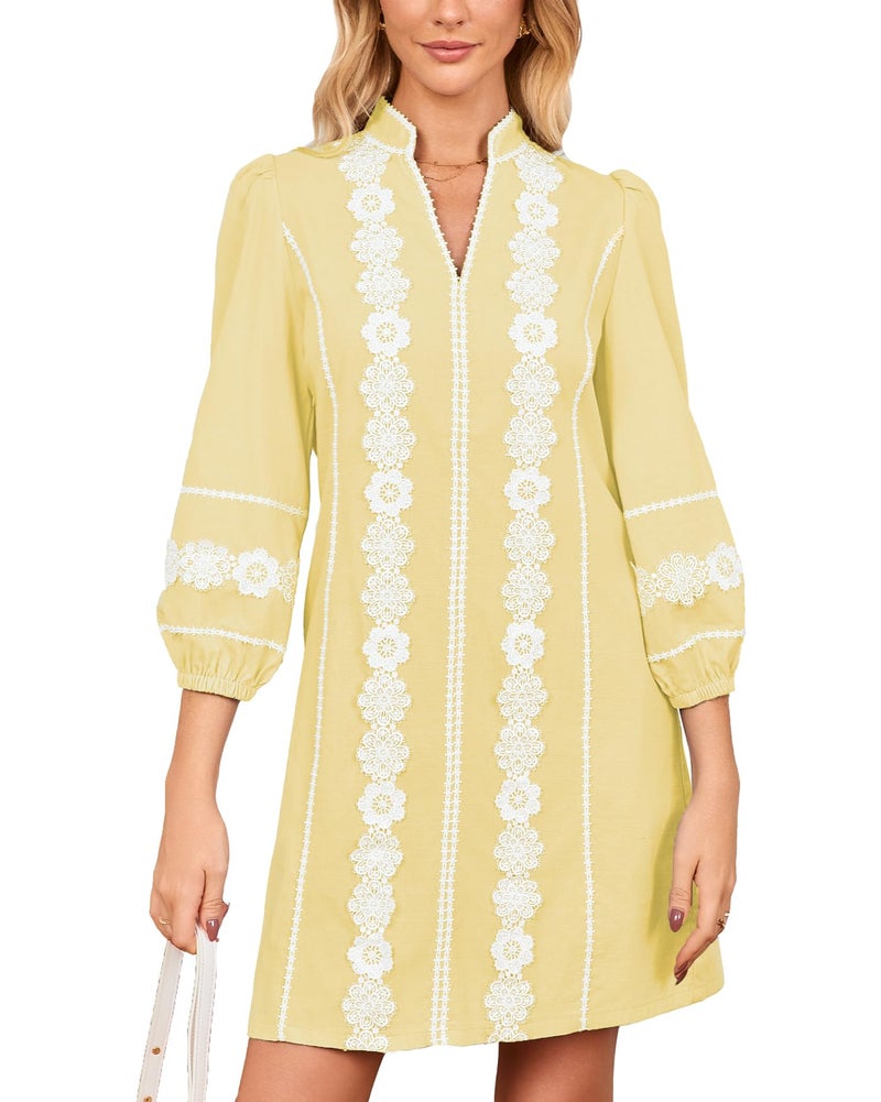 YEXPINE Women's Embroidered Lace Floral Tunic Dress 3/4 Puff Sleeve V Neck Mini Dress with Pockets Yellow - Image 1