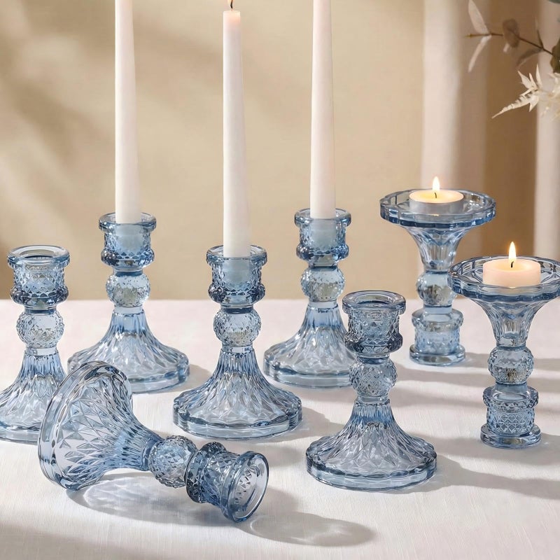 Simeitol Glass Candle Holder Set of 12, Blue Taper Candle Holders Bulk, Vintage Candlestick Holders, Candle Stick Holder for Table Centerpieces, Wedding, Festival & Home Decor - Image 1