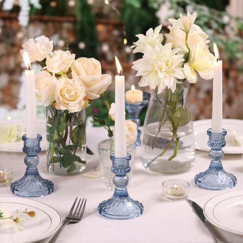 Simeitol Glass Candle Holder Set of 12, Blue Taper Candle Holders Bulk, Vintage Candlestick Holders, Candle Stick Holder for Table Centerpieces, Wedding, Festival & Home Decor - Image 3