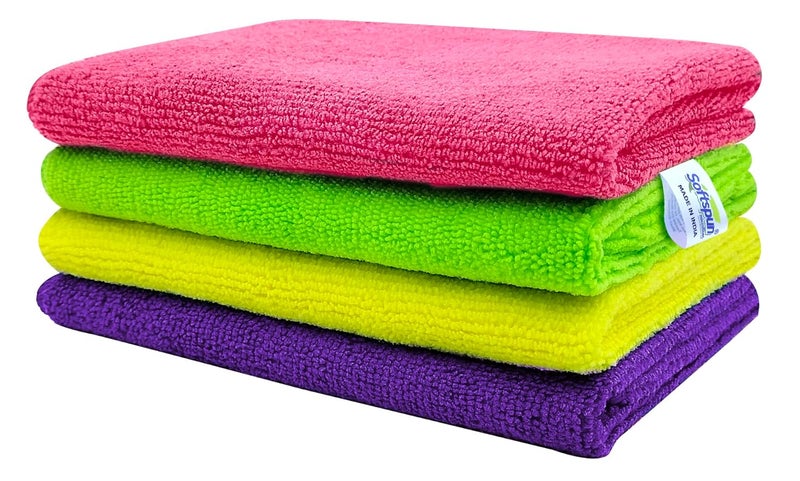 SOFTSPUN Microfiber Cloth 4 pcs 30 x 40 cms 340 GSM Multi Colour Super Soft Absorbent Cleaning Towels Cleans Polishes Everything in Your Home - Image 1