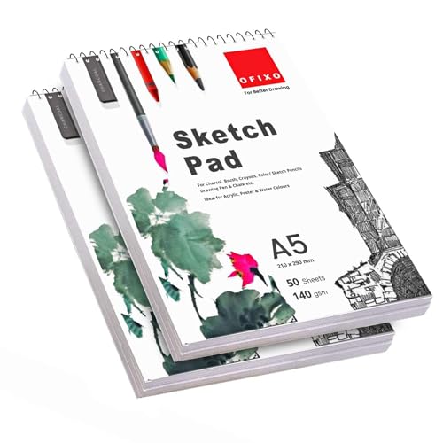 OFIXO A5 Sketchbook 50 Sheet -5.8 x 8.3 Inch 140 GSM| Top Spiral-Bound Sketchpad for Artists & Academic use (Pack of 2) - Image 1