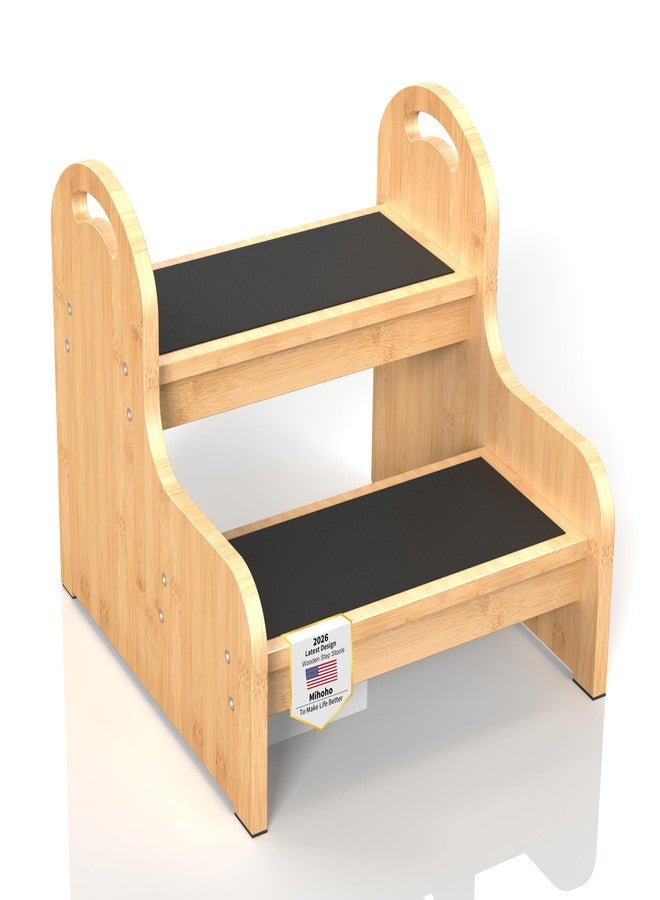 Mihoho 2 Step Wooden Step Stools for Adults Kids, Non-Slip Heavy Duty 2-Step Ladder, Toddler Stepping Stool for Bathroom Sink/Toilet/Kitchen/Bed (Bamboo) - Image 1